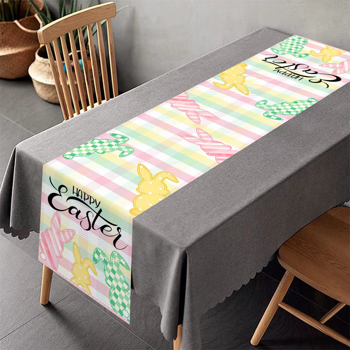 Easter Rabbit Table Runner Polyester Bunny Eggs Table Cover Spring Holiday Happy Easter Decoration for Home Kitchen Dining Table