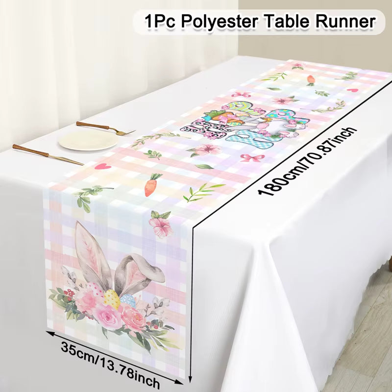 Easter Rabbit Table Runner Polyester Bunny Eggs Table Cover Spring Holiday Happy Easter Decoration for Home Kitchen Dining Table