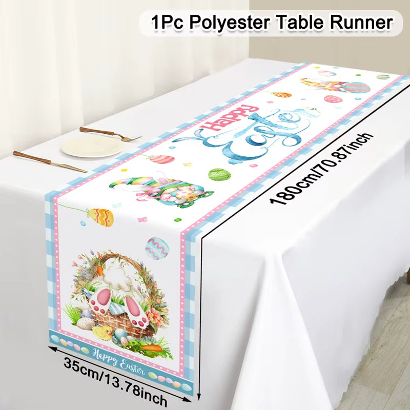 Easter Rabbit Table Runner Polyester Bunny Eggs Table Cover Spring Holiday Happy Easter Decoration for Home Kitchen Dining Table