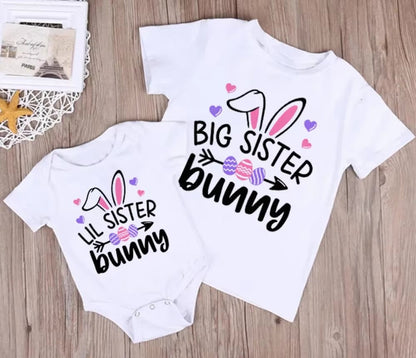 Little Sister Big Brother Bunny Print Shirt Easter Boys Girls T-Shirt Sibling Matching Outfit Kids Tops Tee Baby Bodysuit 1 Pcs