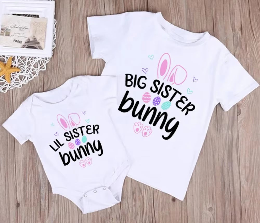 Little Sister Big Brother Bunny Print Shirt Easter Boys Girls T-Shirt Sibling Matching Outfit Kids Tops Tee Baby Bodysuit 1 Pcs