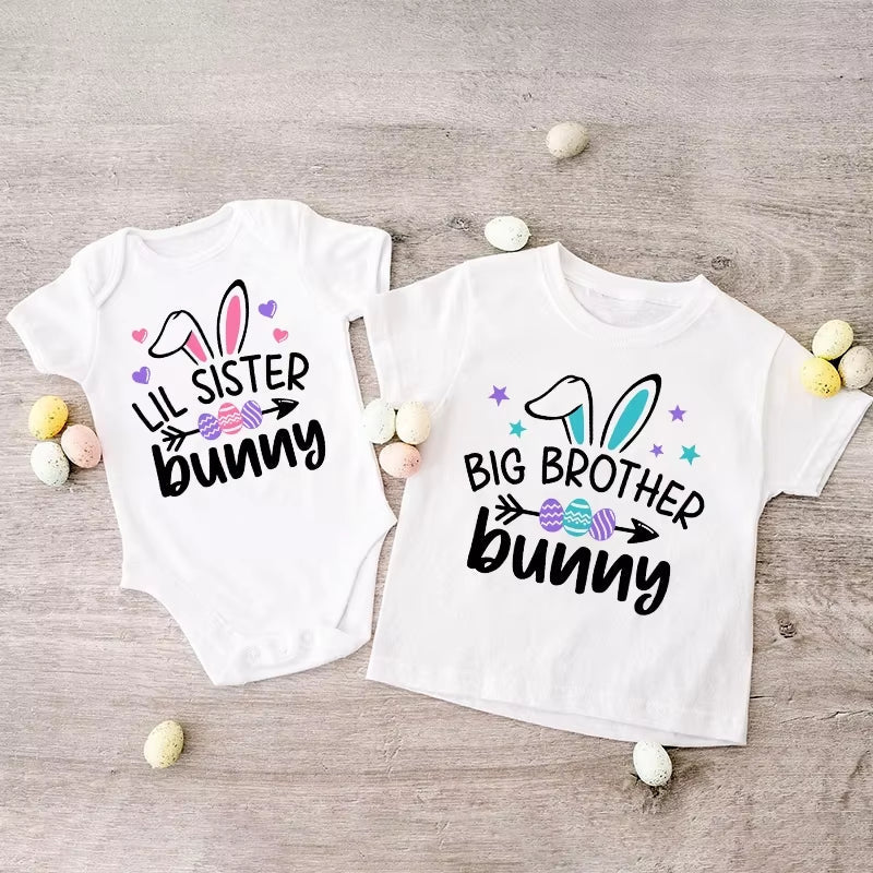 Little Sister Big Brother Bunny Print Shirt Easter Boys Girls T-Shirt Sibling Matching Outfit Kids Tops Tee Baby Bodysuit 1 Pcs