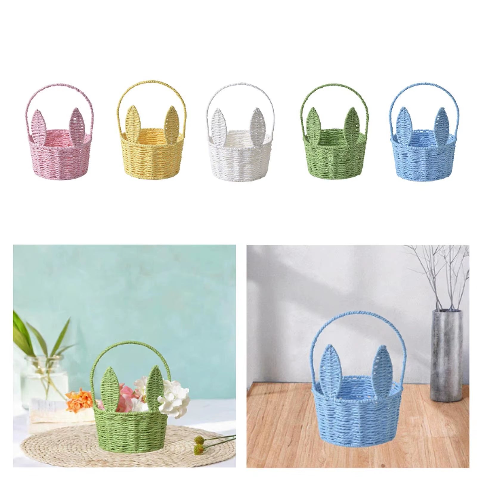 Easter Bunny Basket Woven Flower Basket Easter Decoration with Handle, Flower