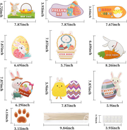 Easter Egg Hunt Signs -9 Pack Easter Hunting Arrows Kit for Kids with Sticks and 20Pcs Bunny Footprints for Easter Garden Decoration,Easter Party Game Supply