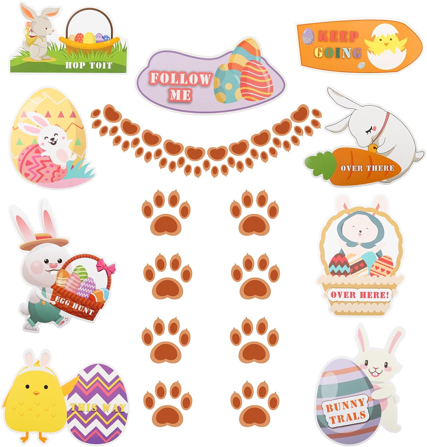 Easter Egg Hunt Signs -9 Pack Easter Hunting Arrows Kit for Kids with Sticks and 20Pcs Bunny Footprints for Easter Garden Decoration,Easter Party Game Supply