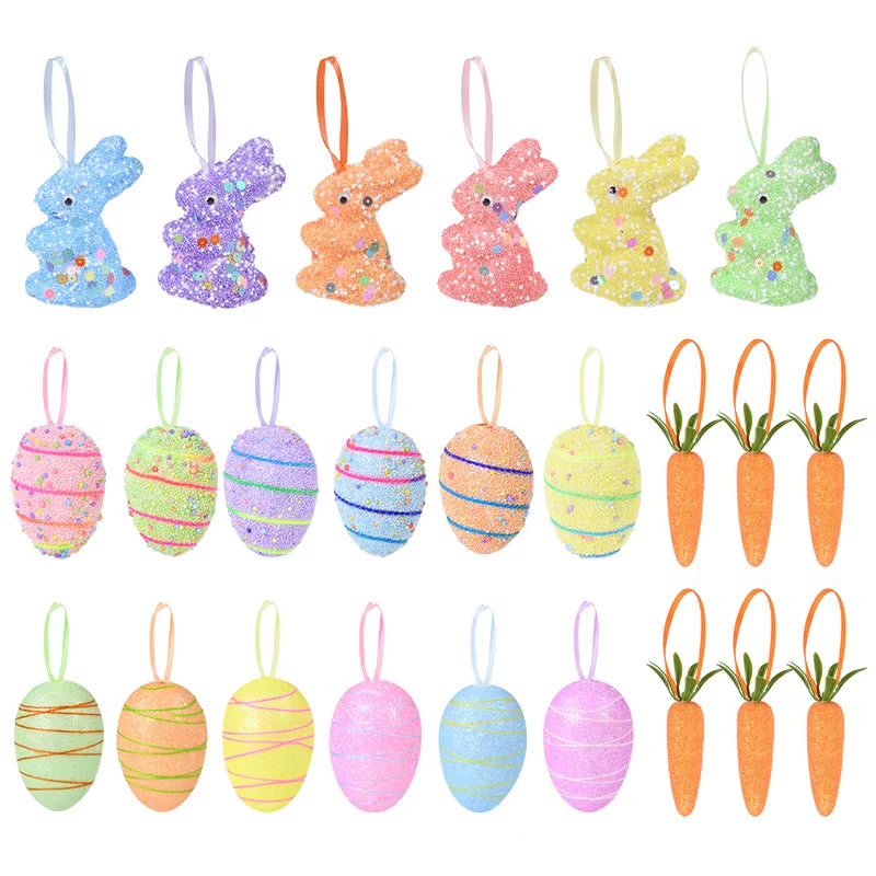 24/6Pcs Painted Foam Easter Eggs Rabbit Hanging Ornaments Decoration for Home Easter Tree Pendants Basket Decor Kids Gift 2025