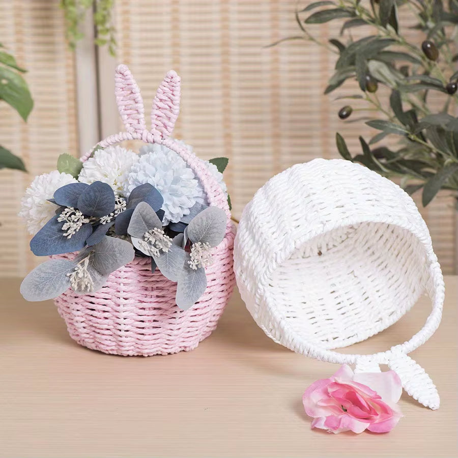 1 Piece of Paper Rope Woven Rabbit Ear Flower Basket Flower Shop Flower Arrangement Basket Souvenir Home Picnic Fruit Hand-Held