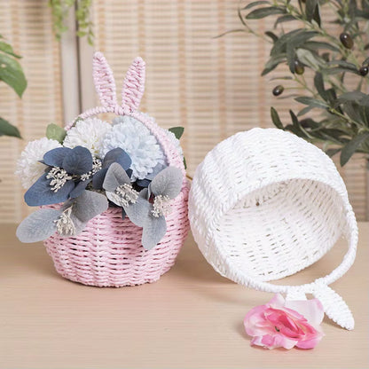 1 Piece of Paper Rope Woven Rabbit Ear Flower Basket Flower Shop Flower Arrangement Basket Souvenir Home Picnic Fruit Hand-Held