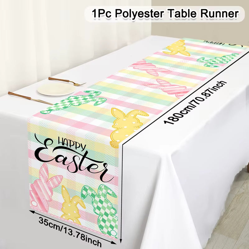 Easter Rabbit Table Runner Polyester Bunny Eggs Table Cover Spring Holiday Happy Easter Decoration for Home Kitchen Dining Table