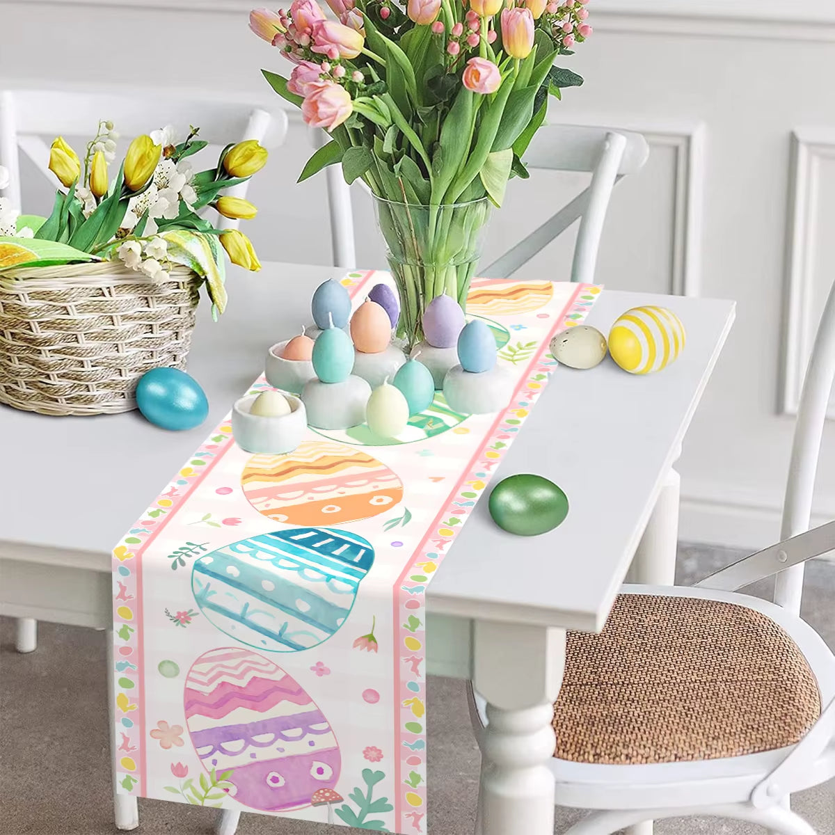 Easter Rabbit Table Runner Polyester Bunny Eggs Table Cover Spring Holiday Happy Easter Decoration for Home Kitchen Dining Table