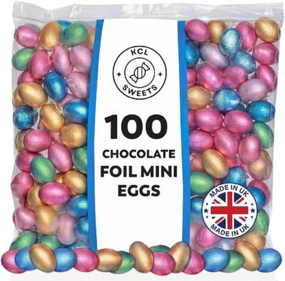 Foil Chocolate Mini Eggs - Pack of 100 Mixed Colour Chocolate Eggs - Bulk Chocolate Eggs Easter Hunt Treats - Creamy Mini Chocolate Eggs for Easter Parties & Celebrations - 500G Approx