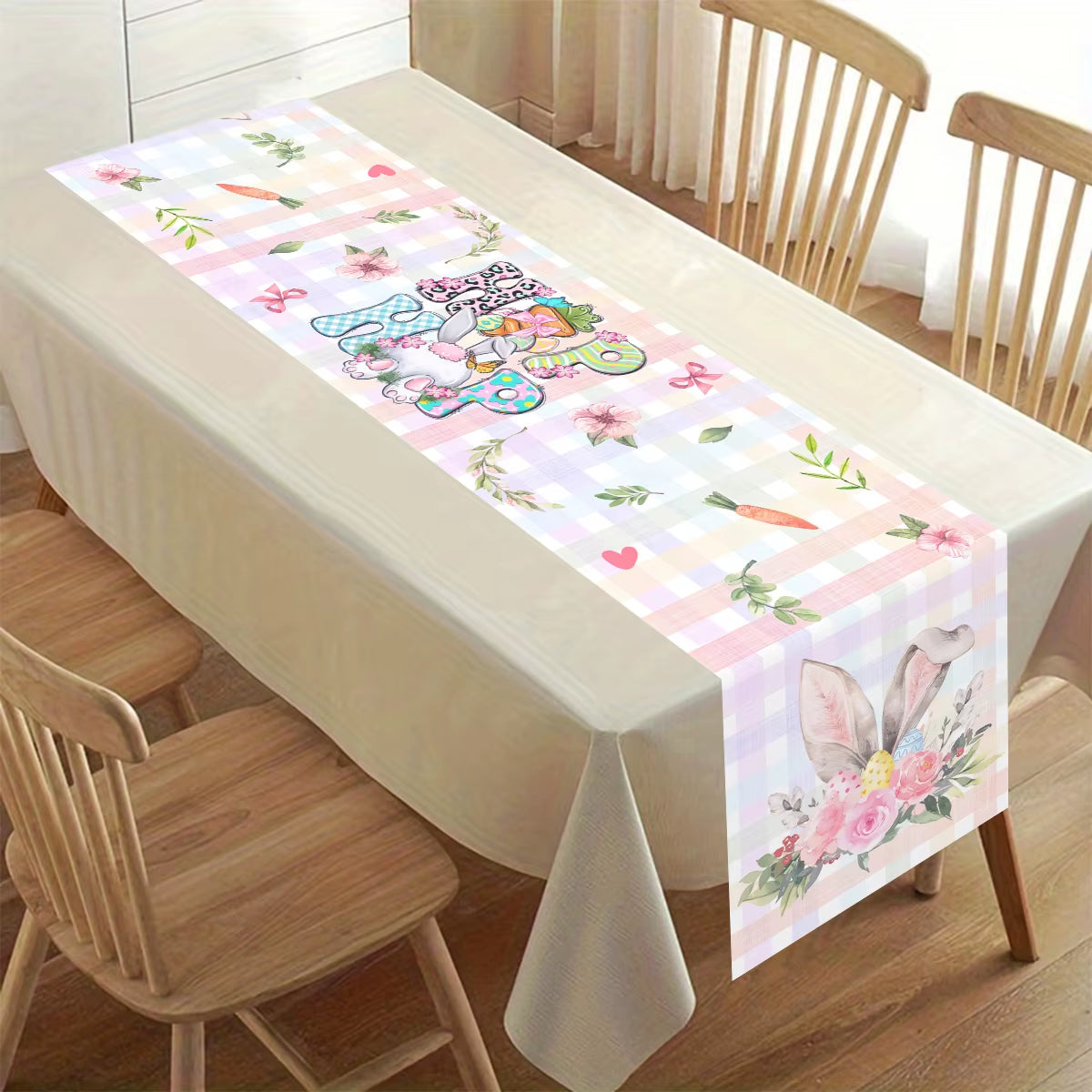 Easter Rabbit Table Runner Polyester Bunny Eggs Table Cover Spring Holiday Happy Easter Decoration for Home Kitchen Dining Table