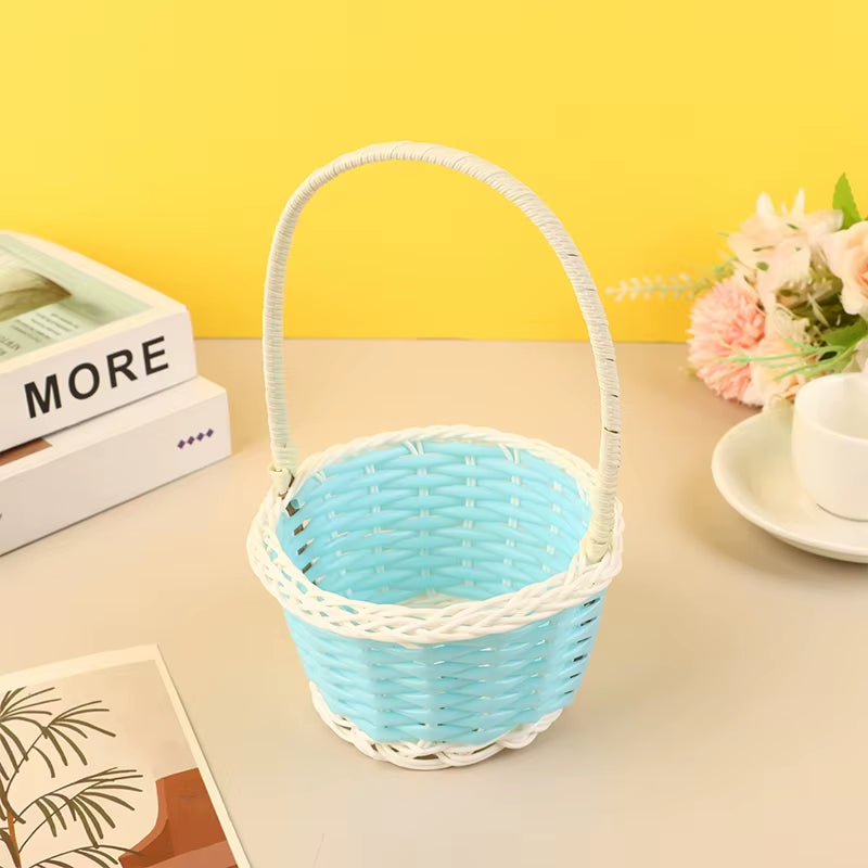 Plastic Rattan Woven Blue Easter Egg Basket round Storage Basket Home Gift Basket