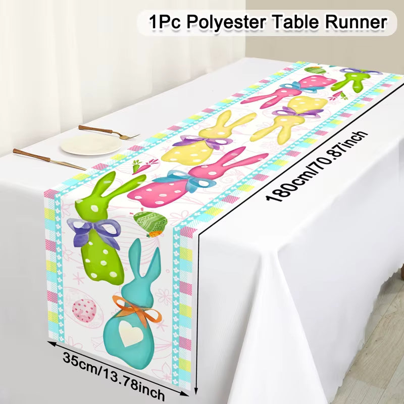 Easter Rabbit Table Runner Polyester Bunny Eggs Table Cover Spring Holiday Happy Easter Decoration for Home Kitchen Dining Table