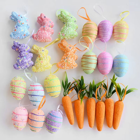 24/6Pcs Painted Foam Easter Eggs Rabbit Hanging Ornaments Decoration for Home Easter Tree Pendants Basket Decor Kids Gift 2025